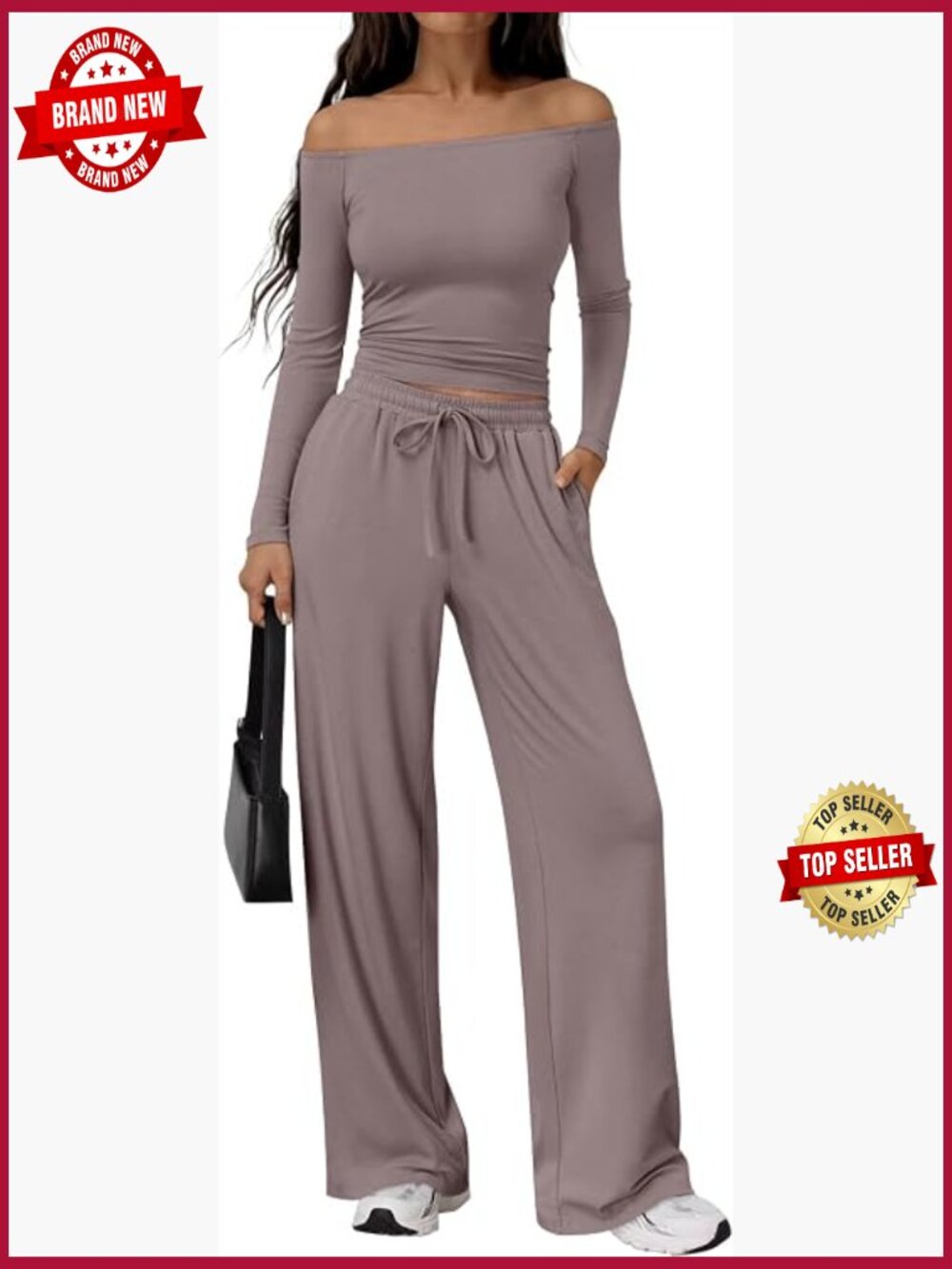 2 Piece Off Shoulder Crop Top Wide Leg Pants Lounge Set